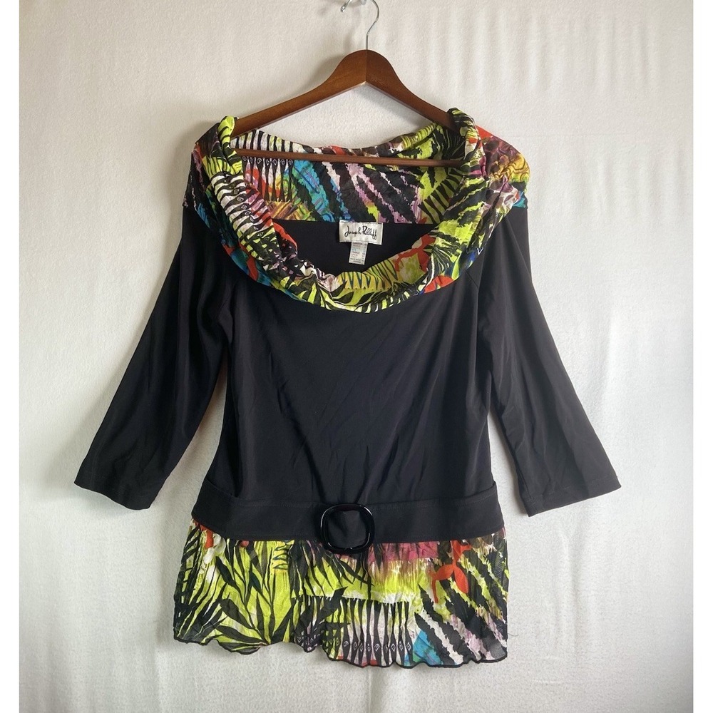 Joseph Ribkoff Top 10 Off Shoulder Cowl Neck Belted Sheer Hem Abstract
